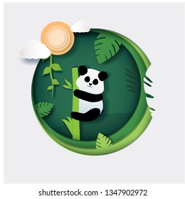 Panda in the rainforest, jungle, sitting on the cane, around the tropical leaves, sky, clouds, liana  in paper cut art style vector illustration. 