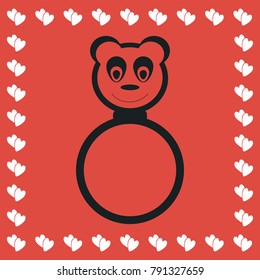 Panda rattle icon flat. Simple black pictogram on red background with white hearts for valentines day. Vector illustration symbol
