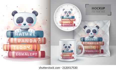 Panda reads books poster and merchandising.