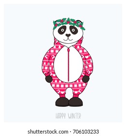 Panda in red pajama with ornament and wreath of mistletoe. Winter card