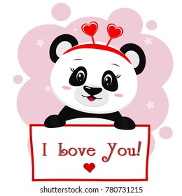 Panda with a red rim of hearts holding a plate in the paws, in the style of cartoons.