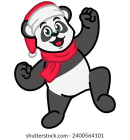 Panda con una bufanda roja y un sombrero de santa celebrando navidades