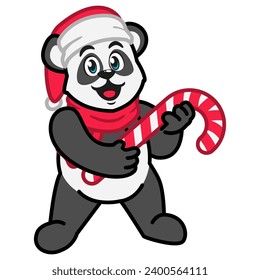 Panda in a red scarf and a santa hat holding a christmas candy cane