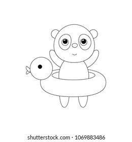 Panda in the rescue circle. Vector stock illustration. Coloring for kids. Black and white picture. Children's drawing in cartoon style. It can be used for design of educational activities, journal