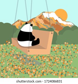 Panda resting on a swing relax on the mountains