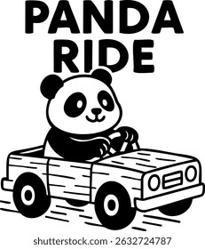 Panda Ride | Cute Panda Driving a Wooden Car  Fun Adventure | Minimalist Black White Illustration, Playful and Cheerful Design | Adorable Animal Art | Perfect for Digital  Print