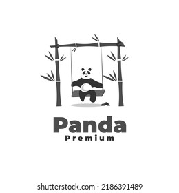 Panda Ride On Bamboo Swing Vector Illustration Logo