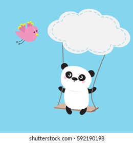 Panda ride on the swing. Cloud shape. Flying pink bird. Cute fat cartoon character. Kawaii baby collection. Love card. Flat design Funny kids style Blue sky background Isolated Vector illustration