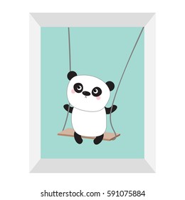 Panda ride on the swing. Cute fat cartoon character. Kawaii baby collection. Picture frame. Love card. Flat design. Funny kids style. Blue sky background. Isolated. Vector illustration