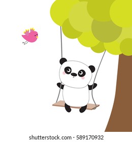 Panda ride on the swing. Green tree. Flying pink bird. Cute fat cartoon character. Kawaii baby collection. Love card. Flat design. Funny kids style. White background. Isolated. Vector illustration