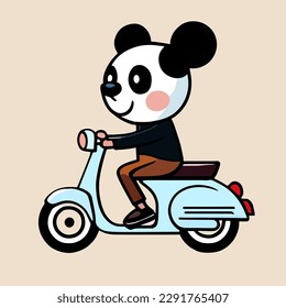 Panda rides a motorcycle, flat cartoon design for cute animals, premium and simple vector art