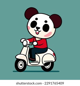 Panda rides a motorcycle, flat cartoon design for cute animals, premium and simple vector art