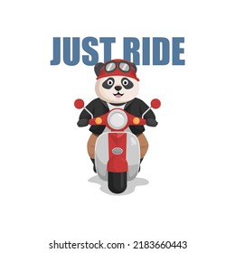 panda riding a classic motorcycle wearing a helmet with goggles on his head. just ride. panda biker style design for t-shirt, banner, website, and presentation