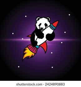 Panda Riding Rocket in Space Background Concept Sticker Design Vector Illustration