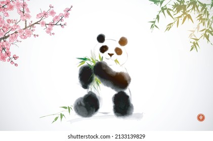 Panda, sakura in blossom and bamboo on white background. Traditional oriental ink painting sumi-e, u-sin, go-hua. Translation of hieroglyph - well-being.