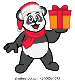 Panda in a Santa Claus hat and scarf holding a gift box