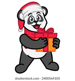 Panda con sombrero y bufanda de Papá Noel sosteniendo una caja de regalo