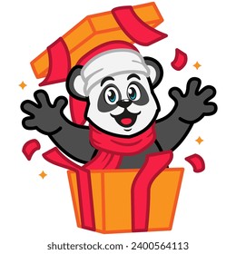 Panda in a Santa Claus hat and scarf with a surprise box