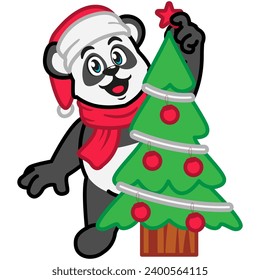 Panda in Santa Claus hat and scarf decorating a Christmas tree