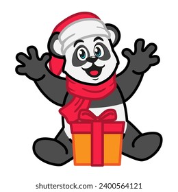 Panda in a Santa Claus hat and scarf holding a gift box