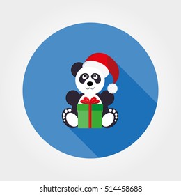 Panda in a santa hat with a gift. Icon for web and mobile application. Vector illustration on a button with a long shadow. Flat design style.