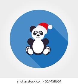 Panda in Santa hats. Icon for web and mobile application. Vector illustration on a button with a long shadow. Flat design style.