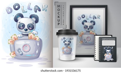 Panda is saving money poster and merchandising. Vector eps 10