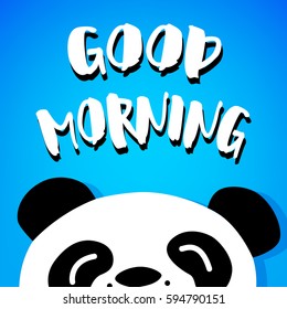 Panda says Good Morning. Vector. Cartoon bear on blue background.