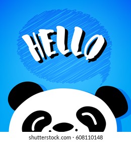 Panda says Hello. Cartoon bear on blue background. Vector card.