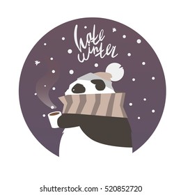 Panda In Scarf And Hat With Cpoffee With Lettering Hate Winter. Vector Illustration For Greeting Card, Poster, Or Print On Clothes.