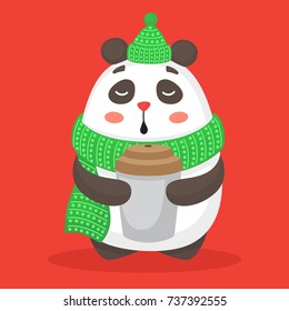 Panda in scarf and hat drrinking coffee. Vector illustration. 