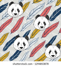 Panda seamless background with colorful feathers. Vector endless pattern.