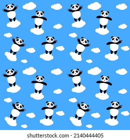 Panda seamless background, happy cute panda flies in the sky between the clouds. Vector illustration for kids