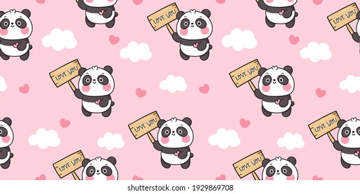 Panda seamless cute bear cartoon holding love you label kawaii background: animal zoo vector (girly doodle). Illustration vector on isolated white background. Perfect Nursery children, kids, greeting.