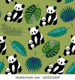 Panda seamless pattern with baby and tropical leaves, monstera, palm, banana. eps10 vector stock illustration
