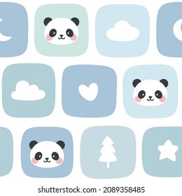 Panda seamless pattern background, animal soft background with star cloud and moon, Scandinavian style baby bedroom