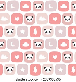 Panda seamless pattern background, animal soft background with star cloud and moon, Scandinavian style baby bedroom