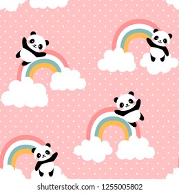 Panda Seamless Pattern Background, Happy cute panda flying in the sky between clouds and star, Cartoon Panda Bears Vector illustration for kids forest background with rain dots