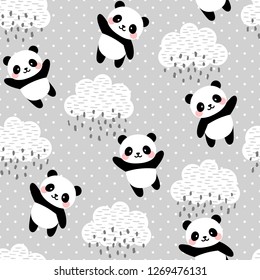 Panda Seamless Pattern Background, Happy cute panda flying in the sky between clouds and star, Cartoon Panda Bears Vector illustration for kids forest background with rain dots