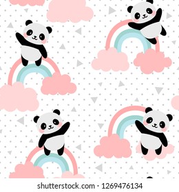 Panda Seamless Pattern Background, Happy cute panda flying in the sky between clouds and star, Cartoon Panda Bears Vector illustration for kids forest background with rain dots