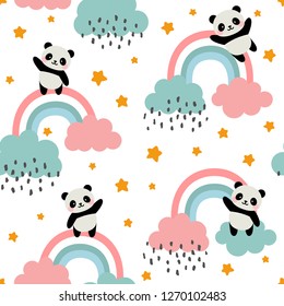 Panda Seamless Pattern Background, Happy cute panda flying in the sky between clouds and star, Cartoon Panda Bears Vector illustration for kids forest background with rain dots