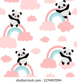 Panda Seamless-Muster-Hintergrund, Happy süße Panda, die zwischen Wolken und Stern in den Himmel fliegt, Cartoon Panda Bears Vektorillustration Illustration für Kinder, Waldhintergrund mit Regenpunkten