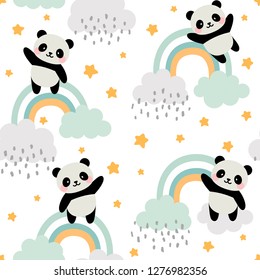 Panda Seamless Pattern Background, Happy cute panda flying in the sky between clouds and star, Cartoon Panda Bears Vector illustration for kids forest background with rain dots