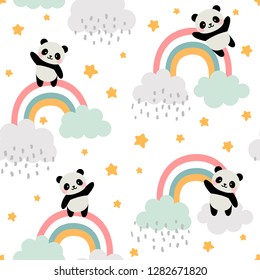 Panda Seamless Pattern Background, Happy cute panda flying in the sky between clouds and star, Cartoon Panda Bears Vector illustration for kids forest background with rain dots