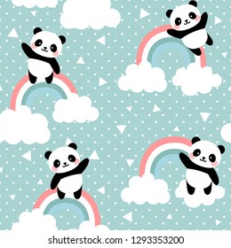 Panda Seamless Pattern Background, Happy cute panda flying in the sky between clouds and star, Cartoon Panda Bears Vector illustration for kids forest background with rain dots