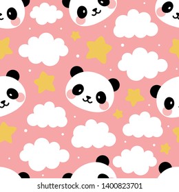 Panda seamless pattern background, happy cute panda in the sky with cloud moon and star, cartoon panda vector illustration for kids nordic background with stars dot, Scandinavian style baby bedroom