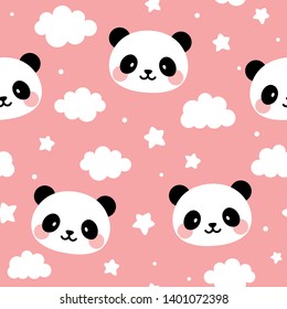 Panda seamless pattern background, happy cute panda in the sky with cloud moon and star, cartoon panda vector illustration for kids nordic background with stars dot, Scandinavian style baby bedroom