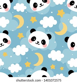 Panda seamless pattern background, happy cute panda in the sky with cloud moon and star, cartoon panda vector illustration for kids nordic background with stars dot, Scandinavian style baby bedroom