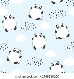 Panda Seamless Pattern Background, Happy cute panda flying in the sky between the clouds. Vector illustration for children forest background with rain dots. Children's wallpaper