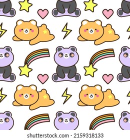 Panda Seamless Pattern Background, Happy cute panda flying in the sky between heart and star, Cartoon Panda Bears Vector illustration for kids background EPS